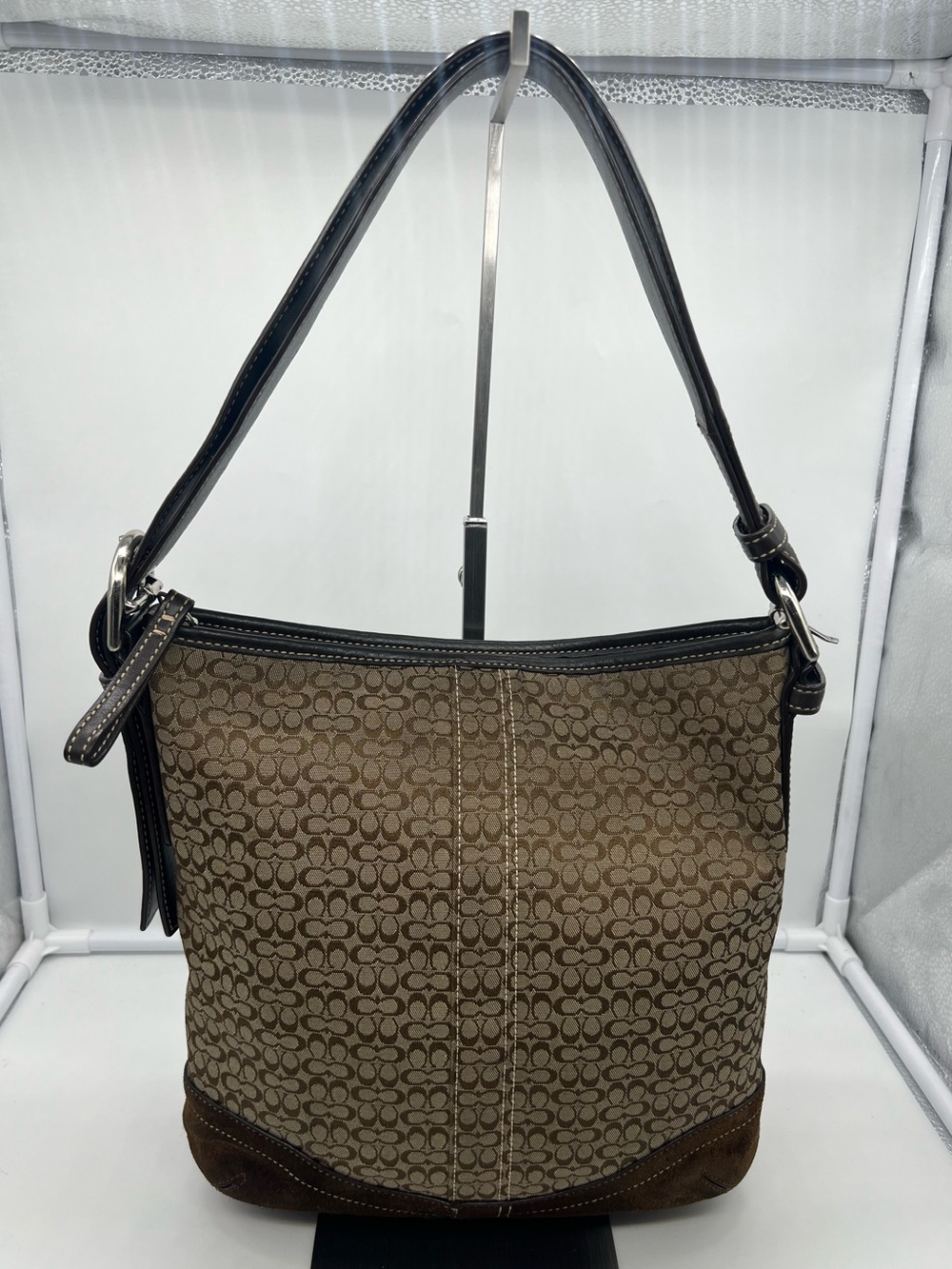 COACH F10944 Y2K Sig Demi Jacquard Khaki Brown Suede Slim Duffle Crossbody Bag
